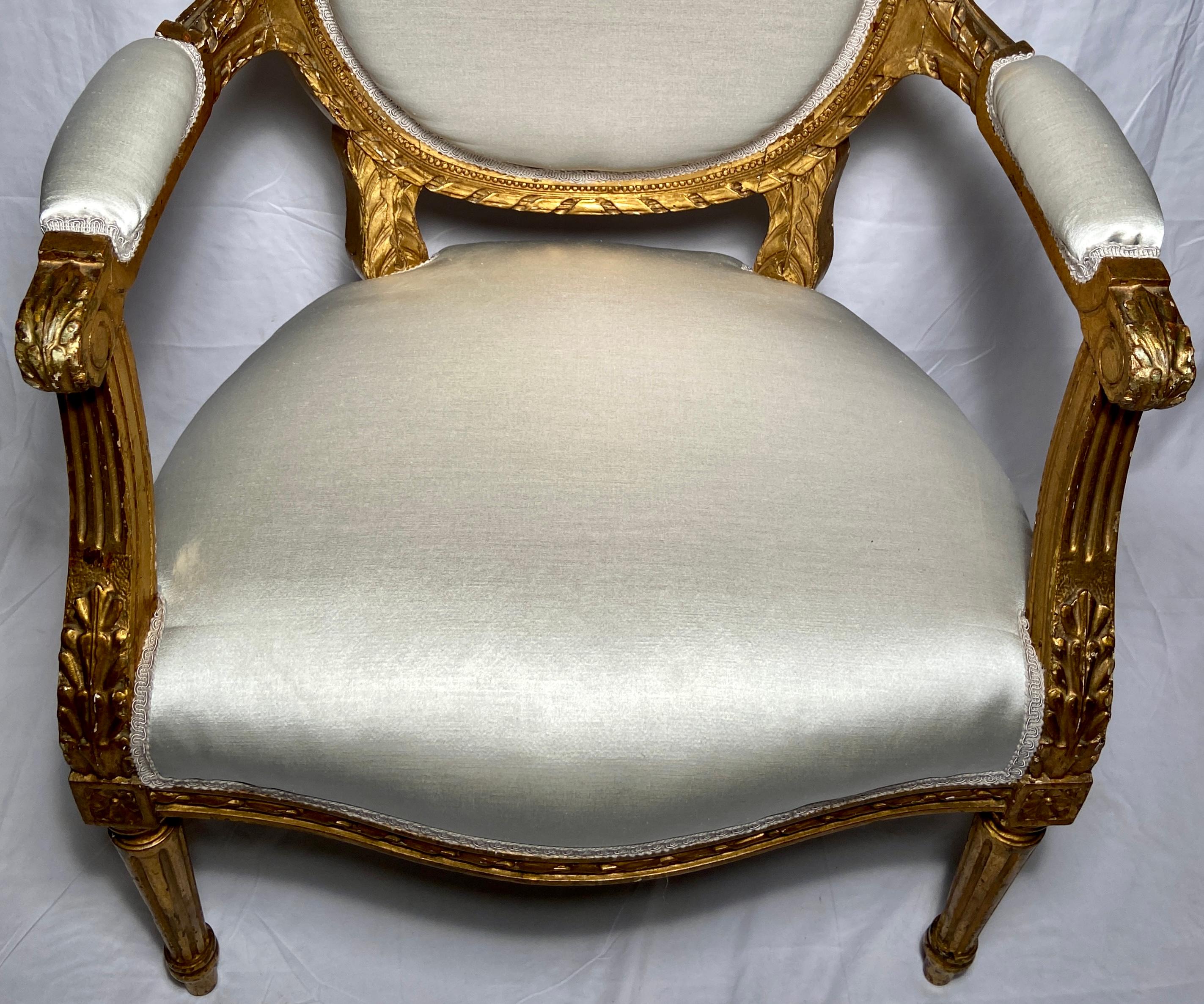 19th Century Pair Antique French Louis XVI Gold Leaf Armchairs, circa 1890 For Sale