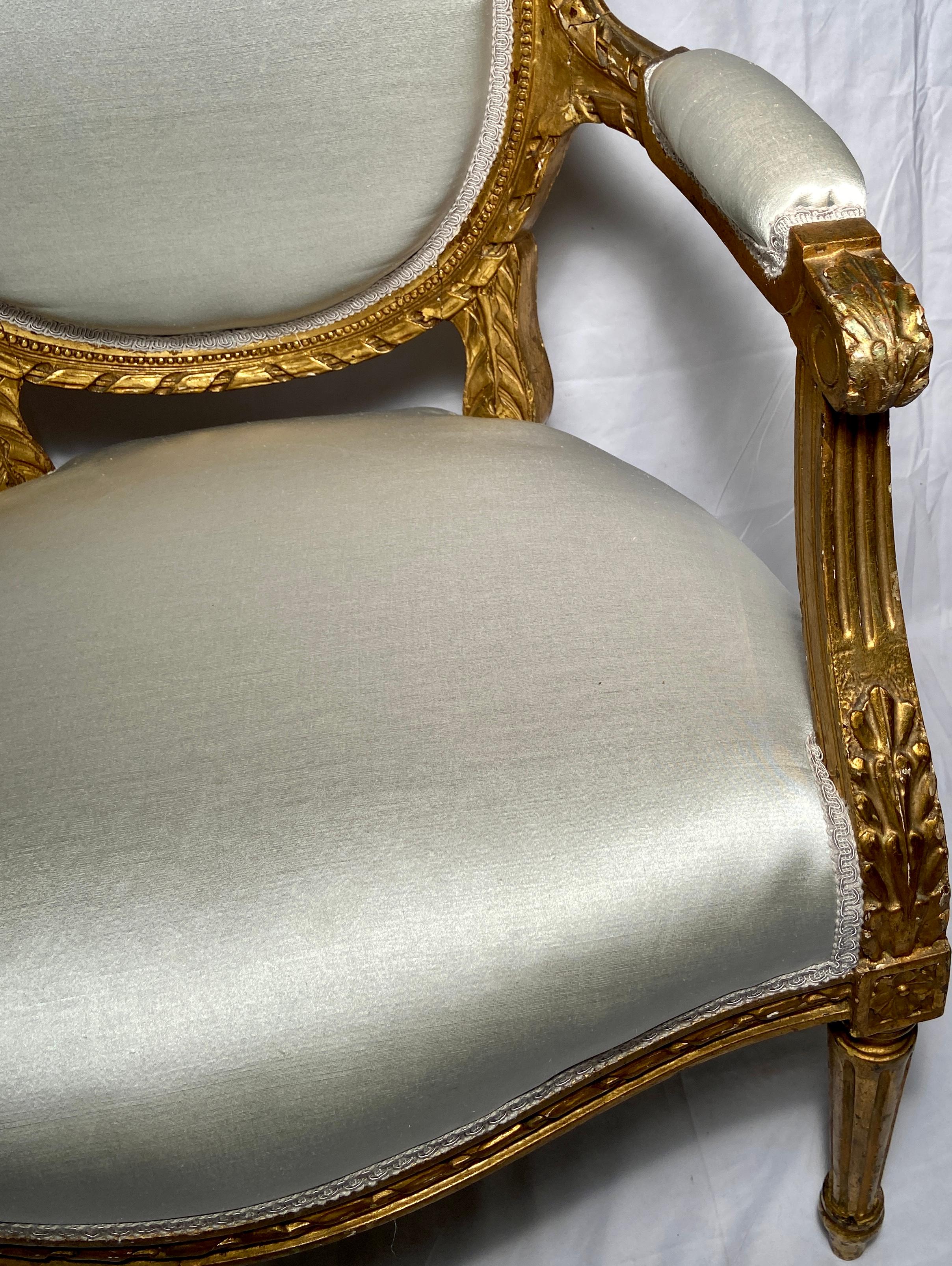 Pair Antique French Louis XVI Gold Leaf Armchairs, circa 1890 For Sale 1