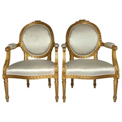 Coppia di poltrone francesi Luigi XVI in foglia d'oro, circa 1890