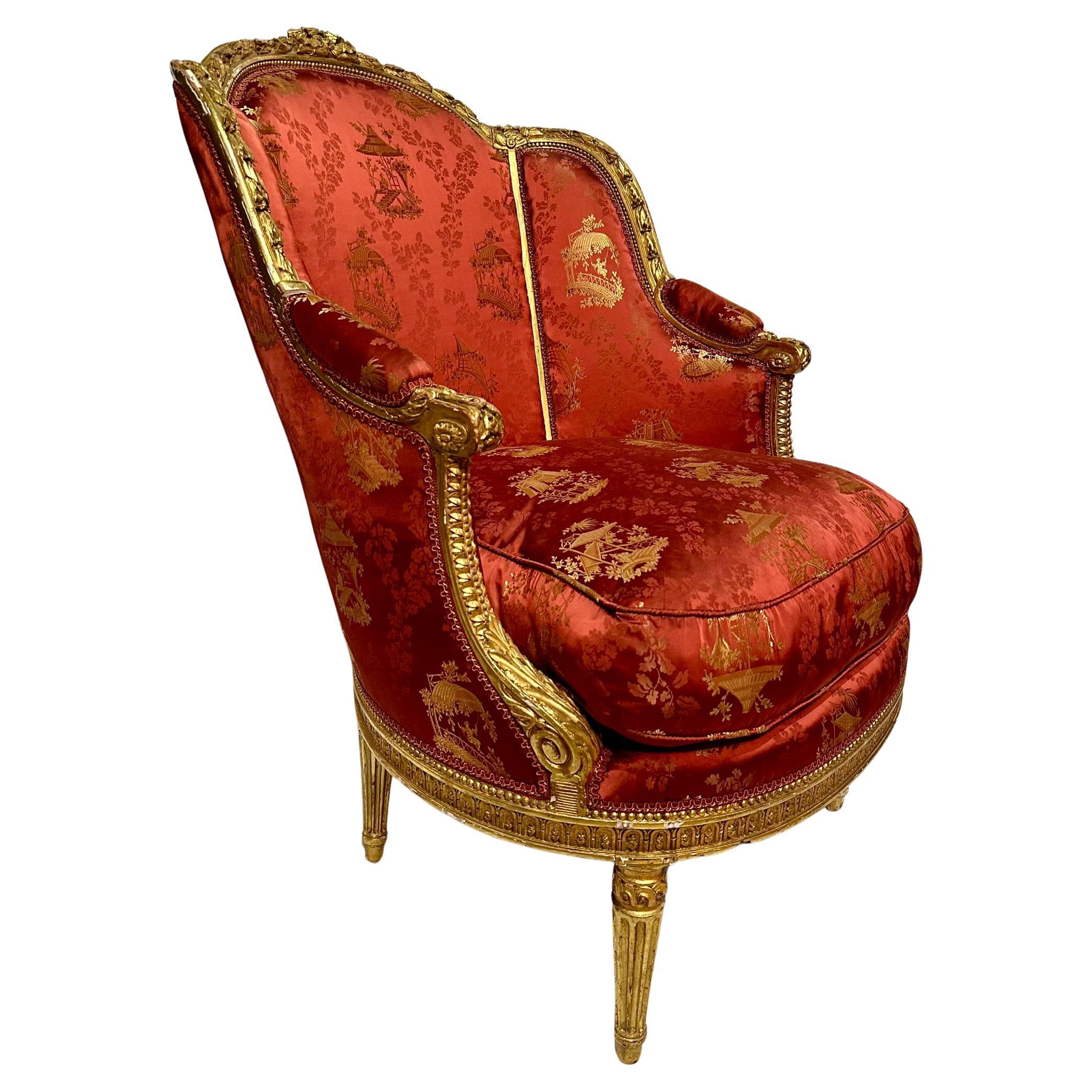 Français Paire d'anciennes bergères françaises Louis XVI à feuilles d'or, vers 1880. en vente