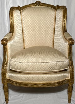 Pair Antique French Louis XVI Gold Leaf Fauteuils / Armchairs, Circa 1865-1875