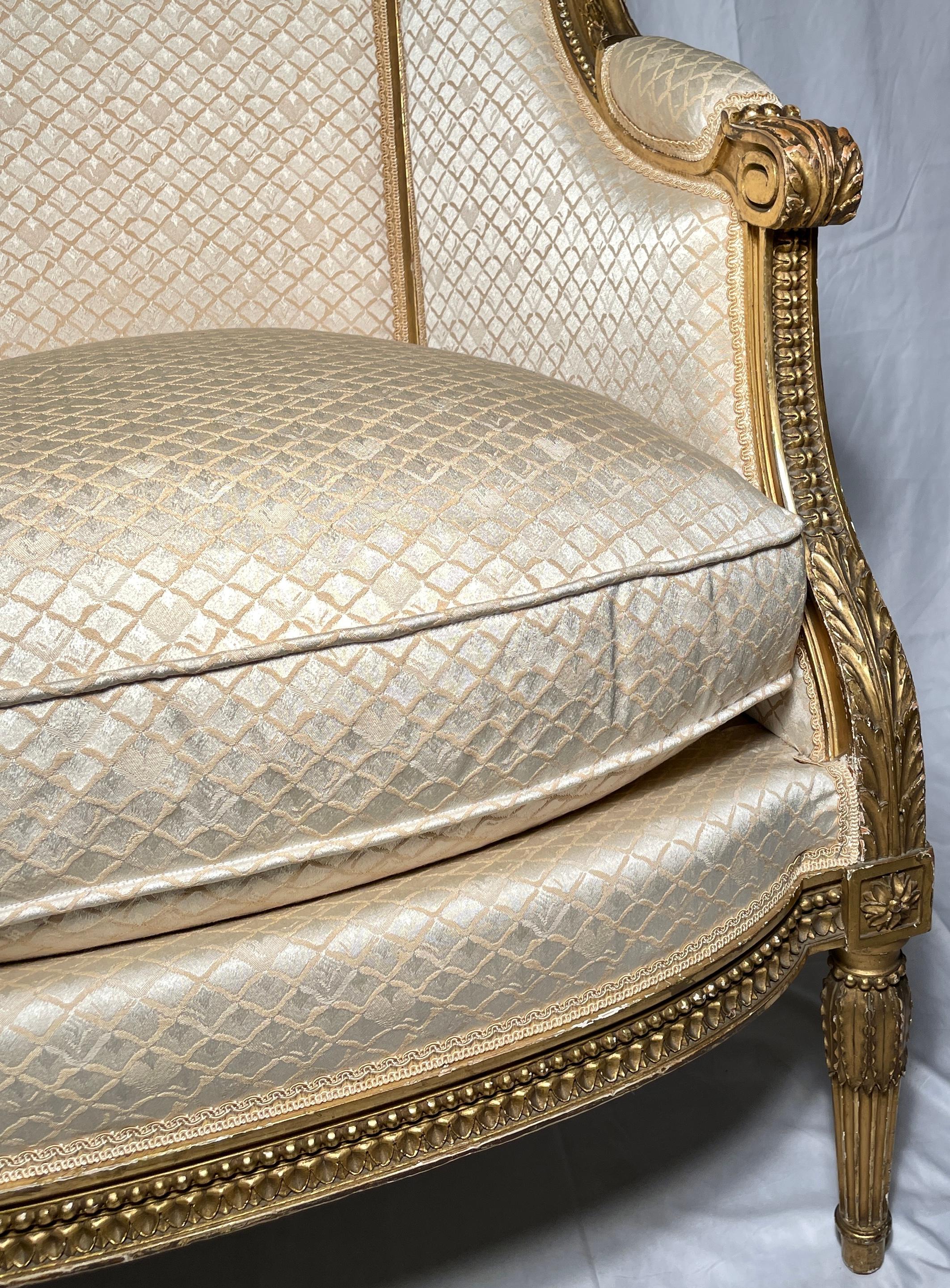 Fabric Pair Antique French Louis XVI Gold Leaf Fauteuils / Armchairs, Circa 1865-1875 For Sale