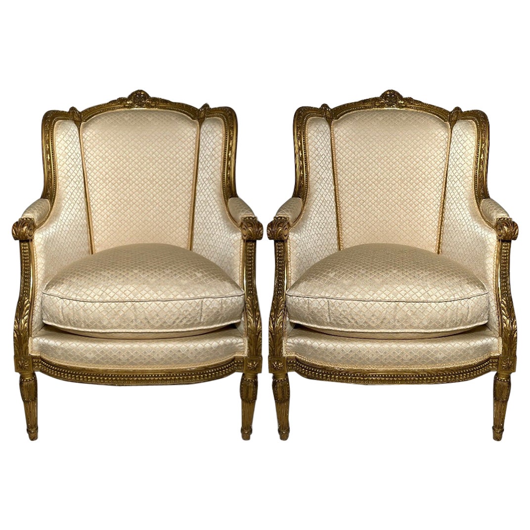 Paire de Fauteuils / Fauteuils Français Antique Louis XVI en Feuilles d'Or, vers 1865-1875