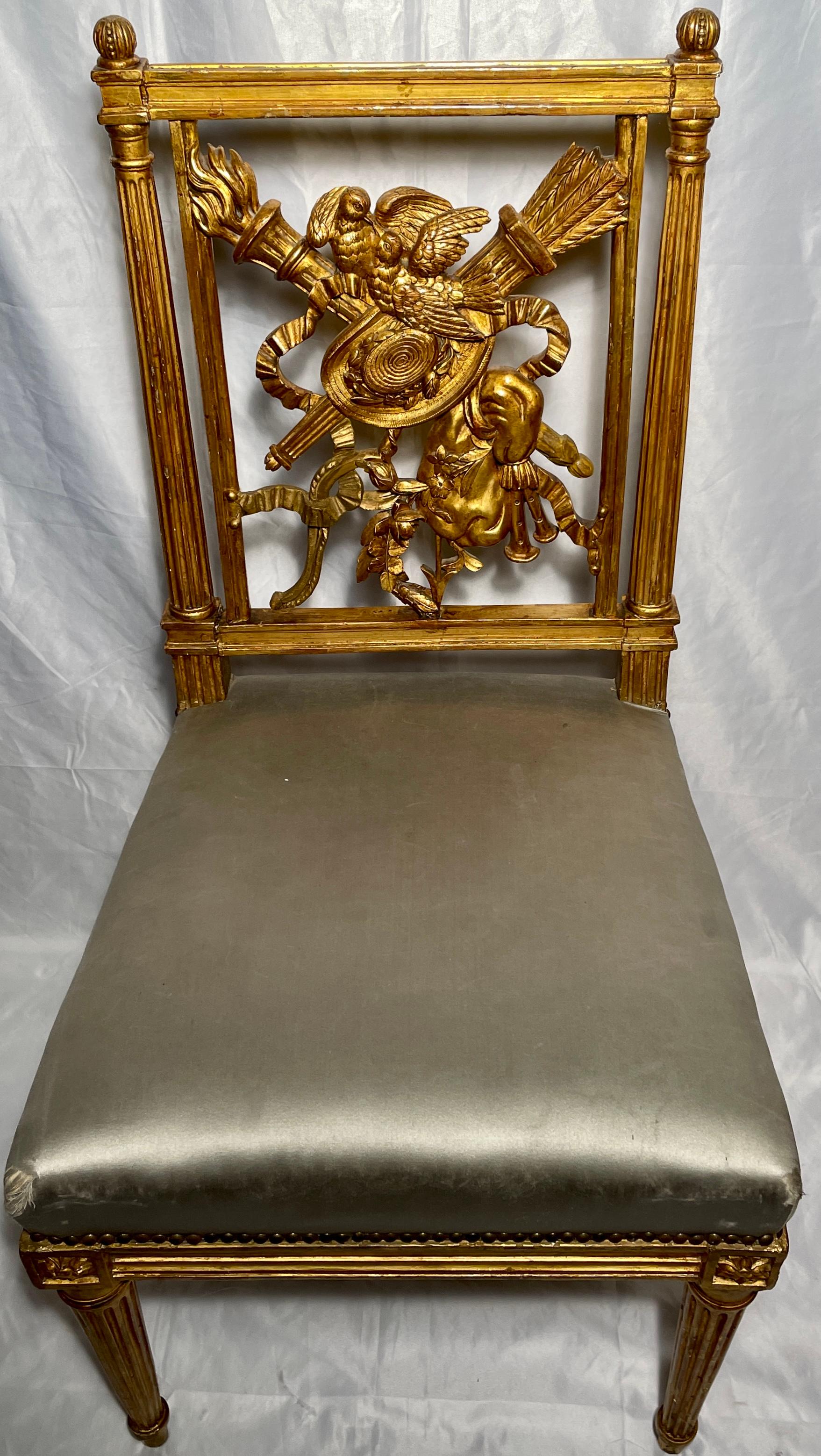 Pair Antique French Louis XVI Gold Leaf Side Chairs, Circa 1880 In Good Condition For Sale In New Orleans, LA