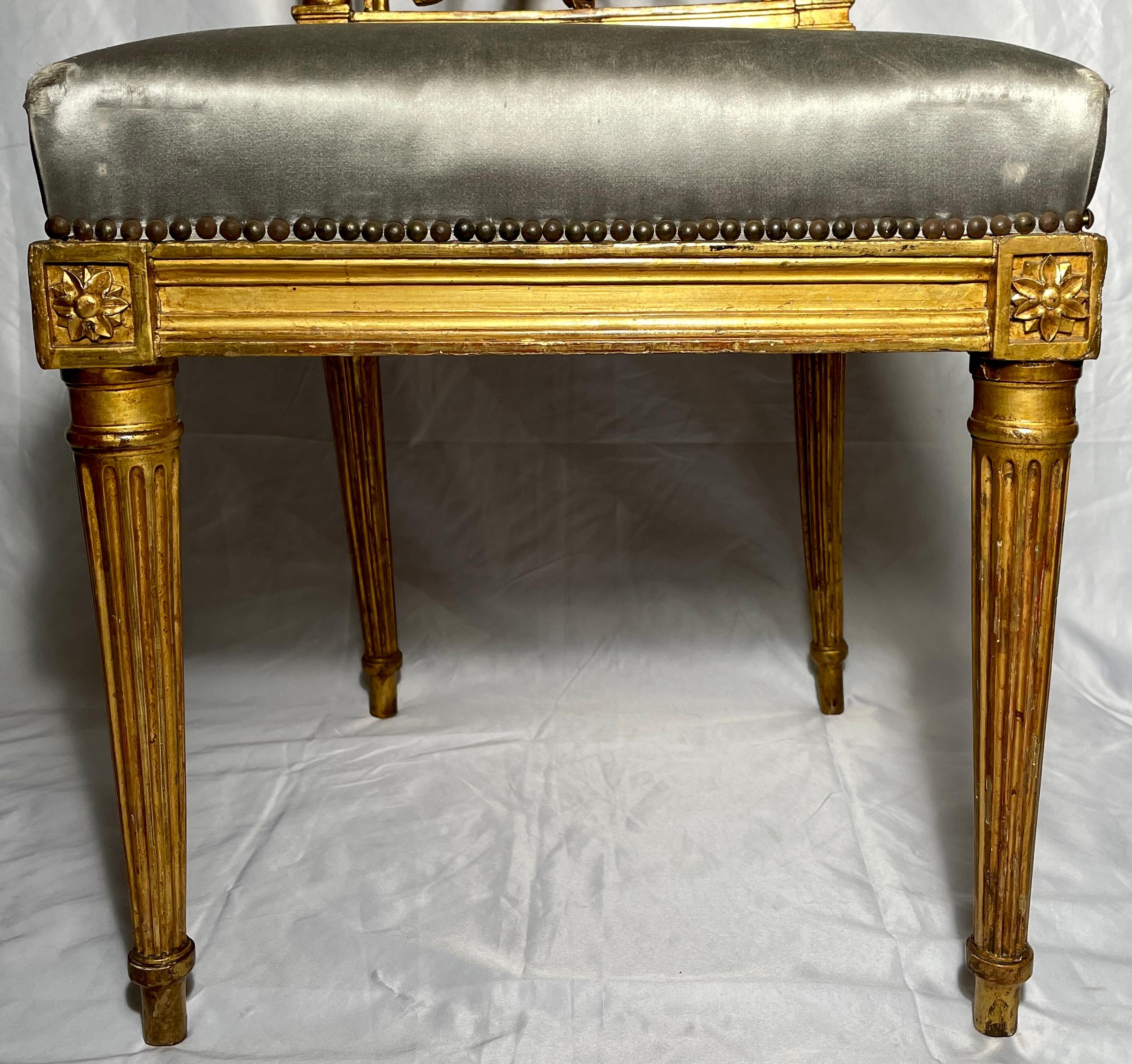 Fabric Pair Antique French Louis XVI Gold Leaf Side Chairs, Circa 1880 For Sale