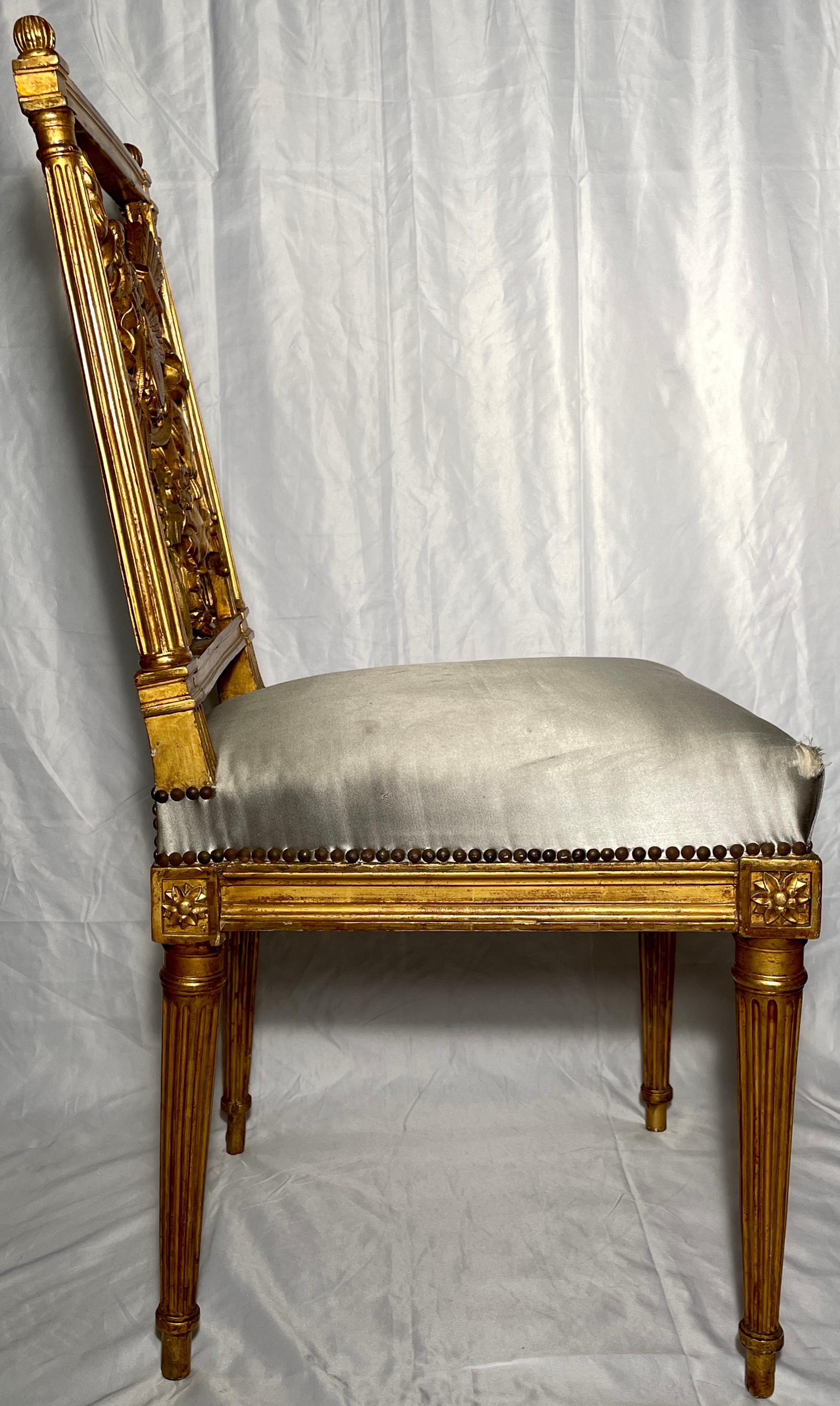 Pair Antique French Louis XVI Gold Leaf Side Chairs, Circa 1880 For Sale 1