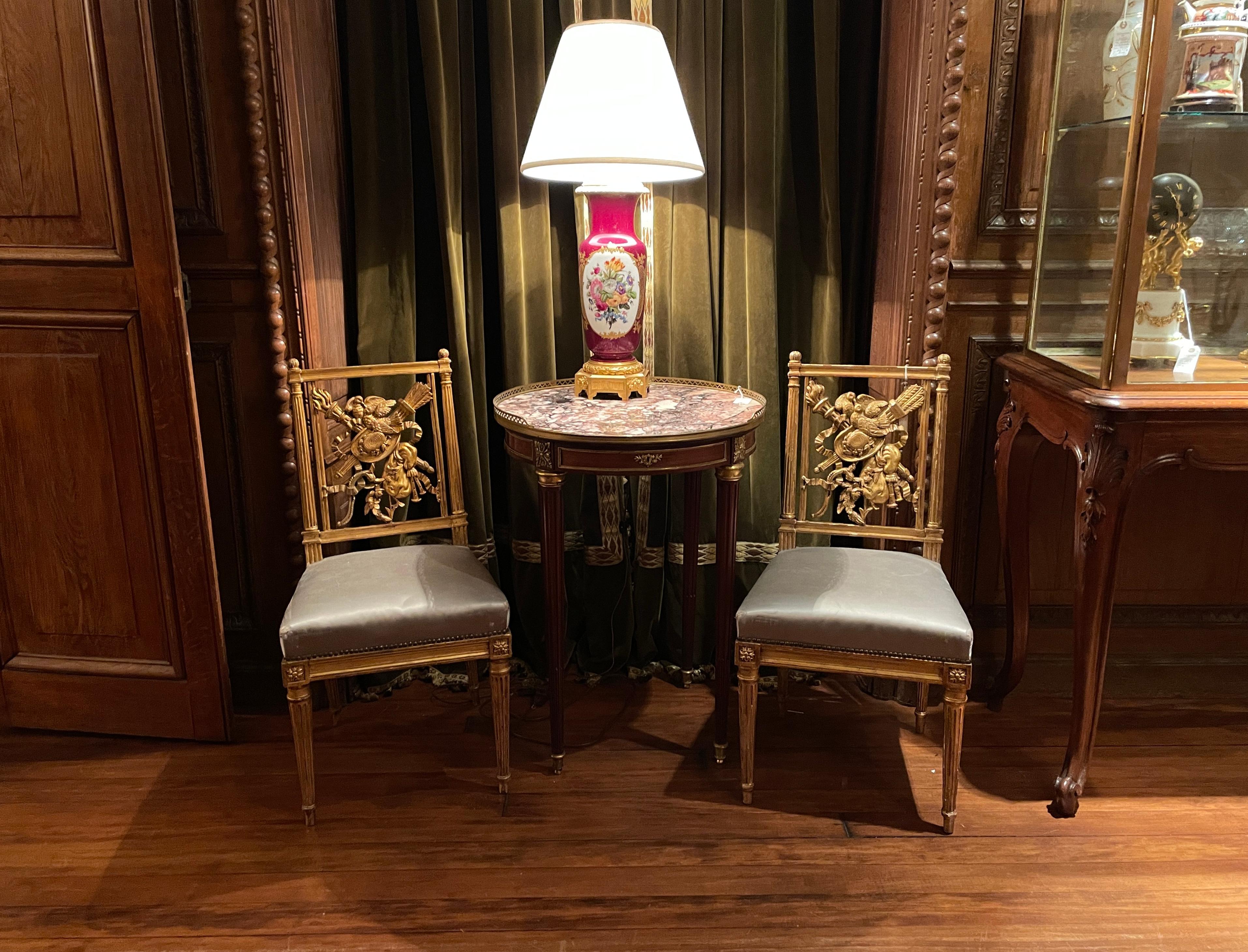 Pair Antique French Louis XVI Gold Leaf Side Chairs, Circa 1880 For Sale 2