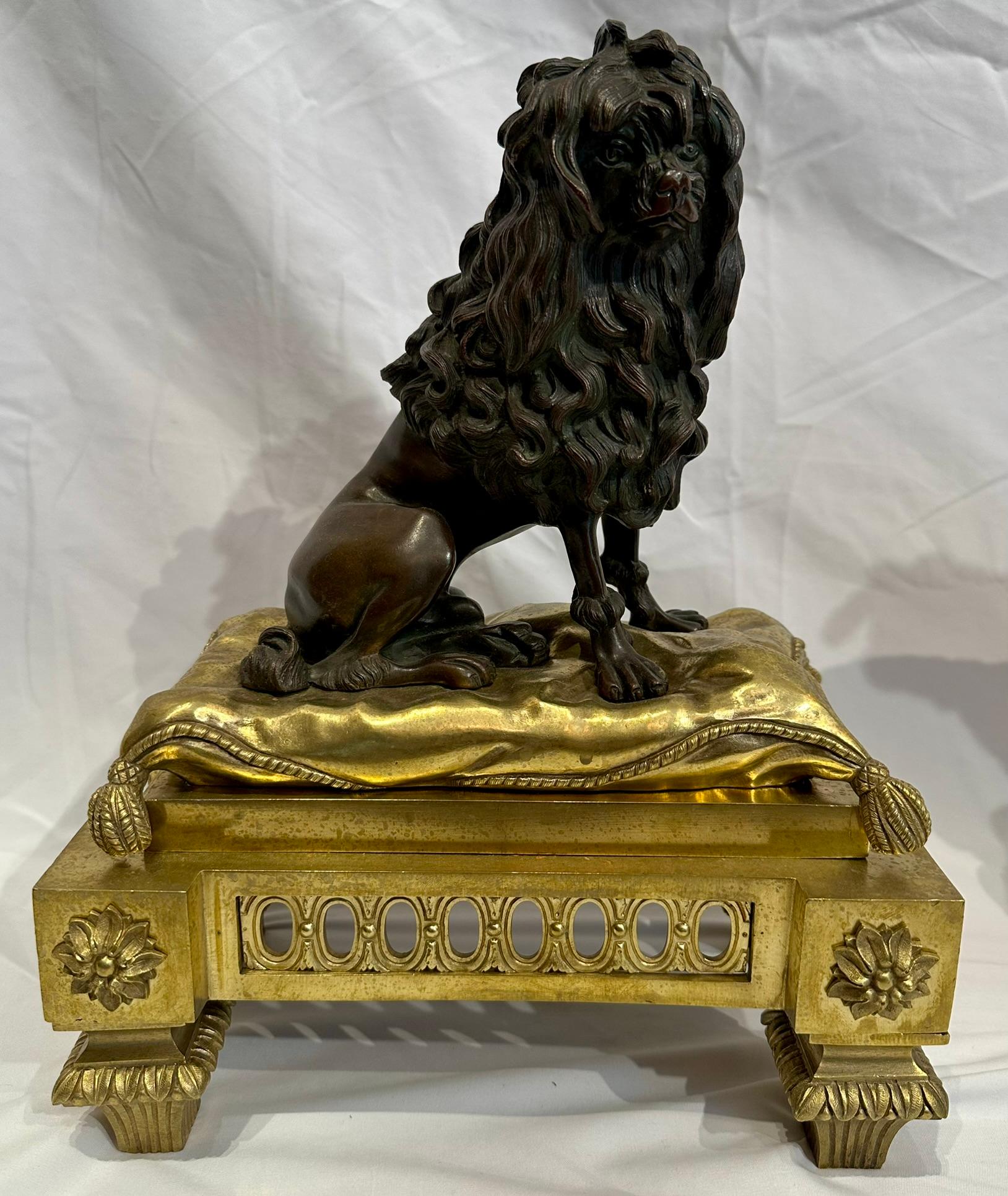 Paar Museum Qualität antike Französisch Louis XVI Gold Bronze und patiniert Bronze Tier Andirons, CIRCA 1860-1880.
Louis XVI-Modelle eines Hundes (Pudel) und einer Katze.