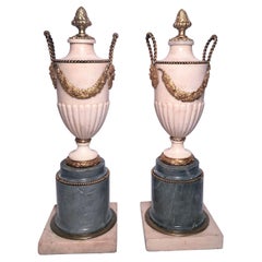Pair Antique French Louis XVI Grey and White Marble Urns with Ormolu Circa 1800