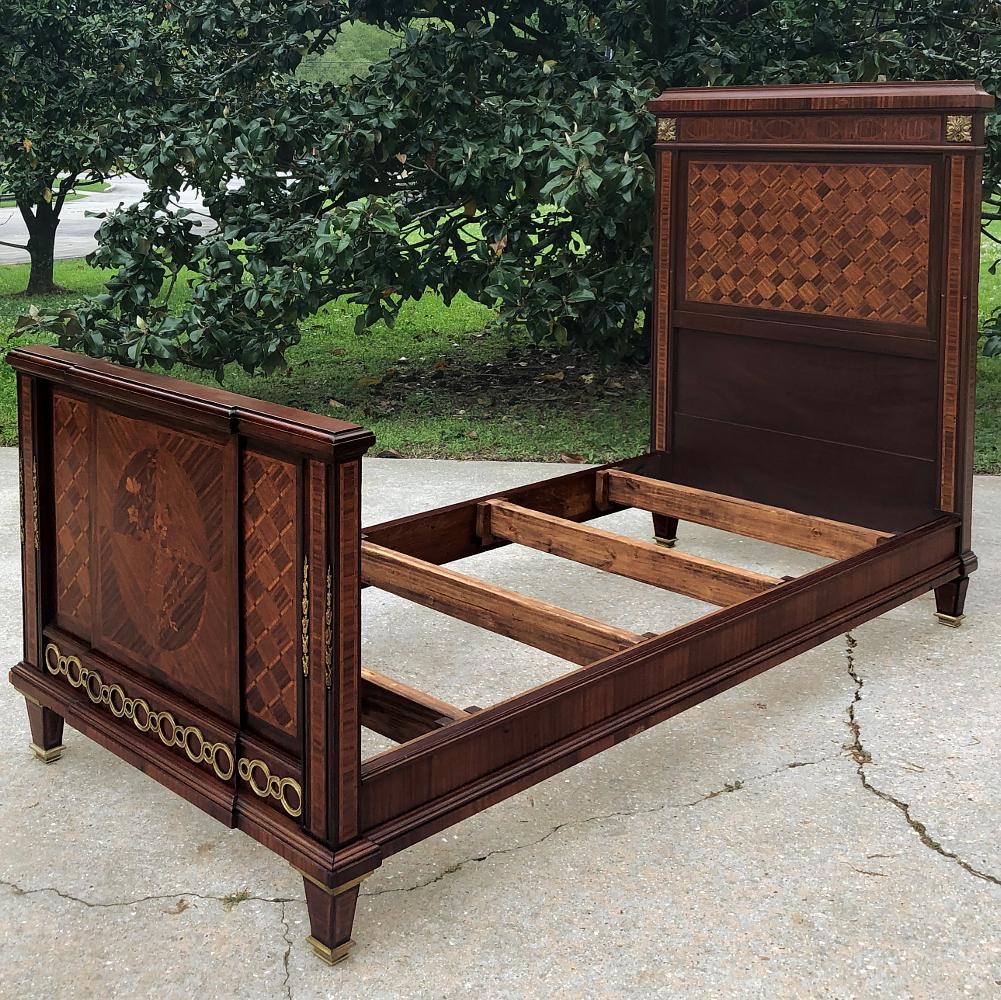 Pair of Antique French Louis XVI Mahogany Marquetry Twin Beds with Bronze Ormolu For Sale 7