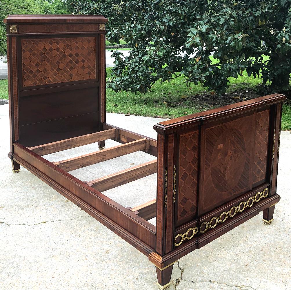 Pair of Antique French Louis XVI Mahogany Marquetry Twin Beds with Bronze Ormolu For Sale 8