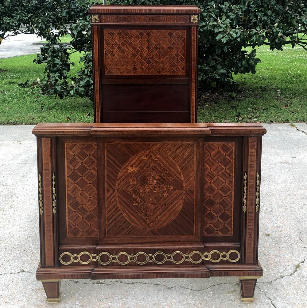 Gilt Pair of Antique French Louis XVI Mahogany Marquetry Twin Beds with Bronze Ormolu For Sale