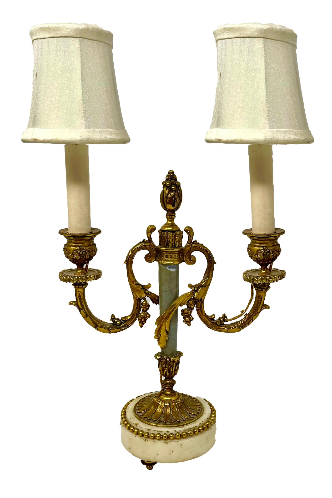Pair antique French Louis XVI marble & gold bronze candelabra lamps, circa 1880.