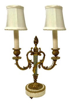 Pair Antique French Louis XVI Marble & Gold Bronze Candelabra Lamps, Circa 1880.