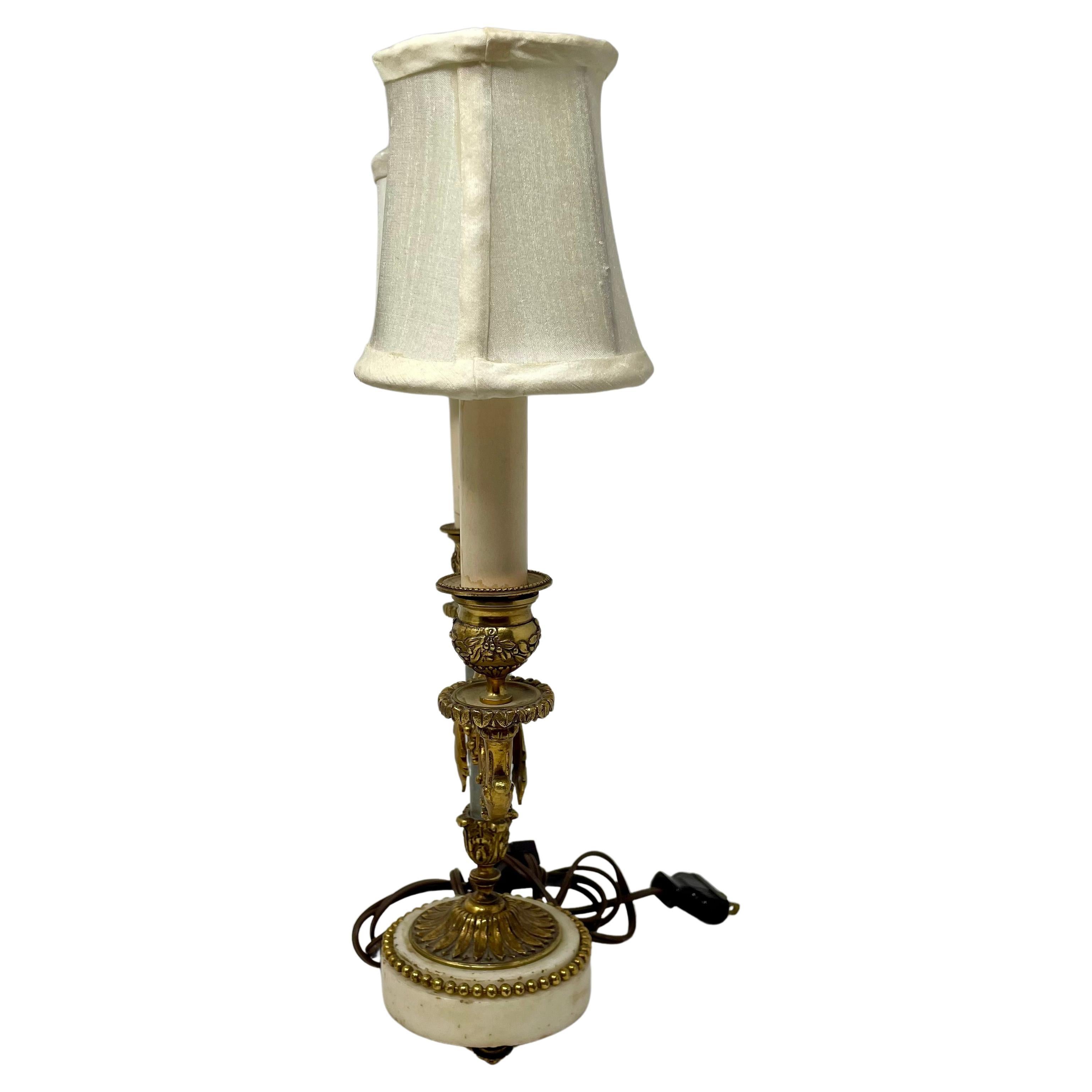 19th Century Pair Antique French Louis XVI Marble & Gold Bronze Candelabra Lamps, Circa 1880. For Sale