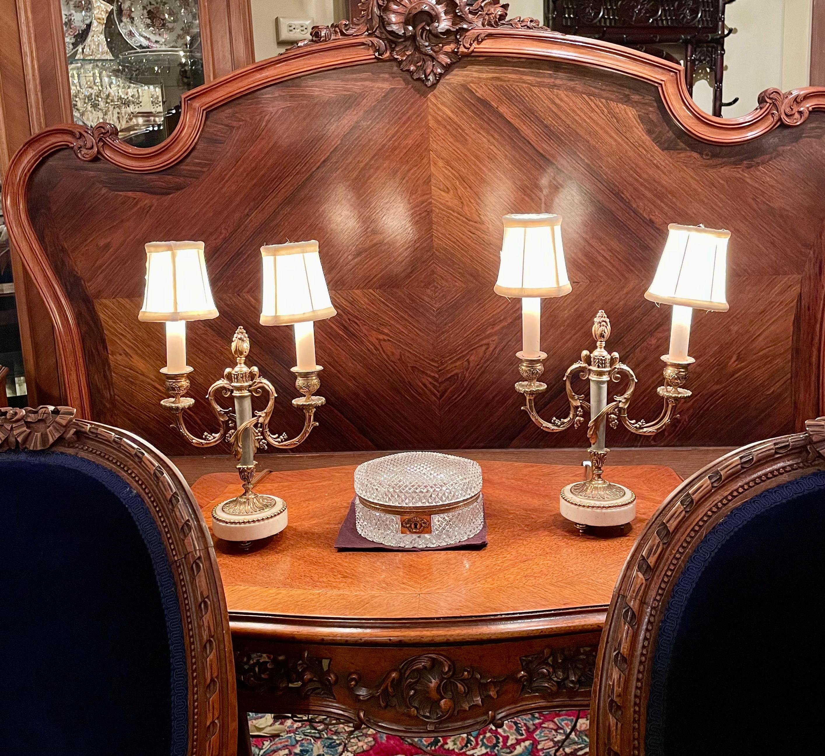Pair Antique French Louis XVI Marble & Gold Bronze Candelabra Lamps, Circa 1880. For Sale 3