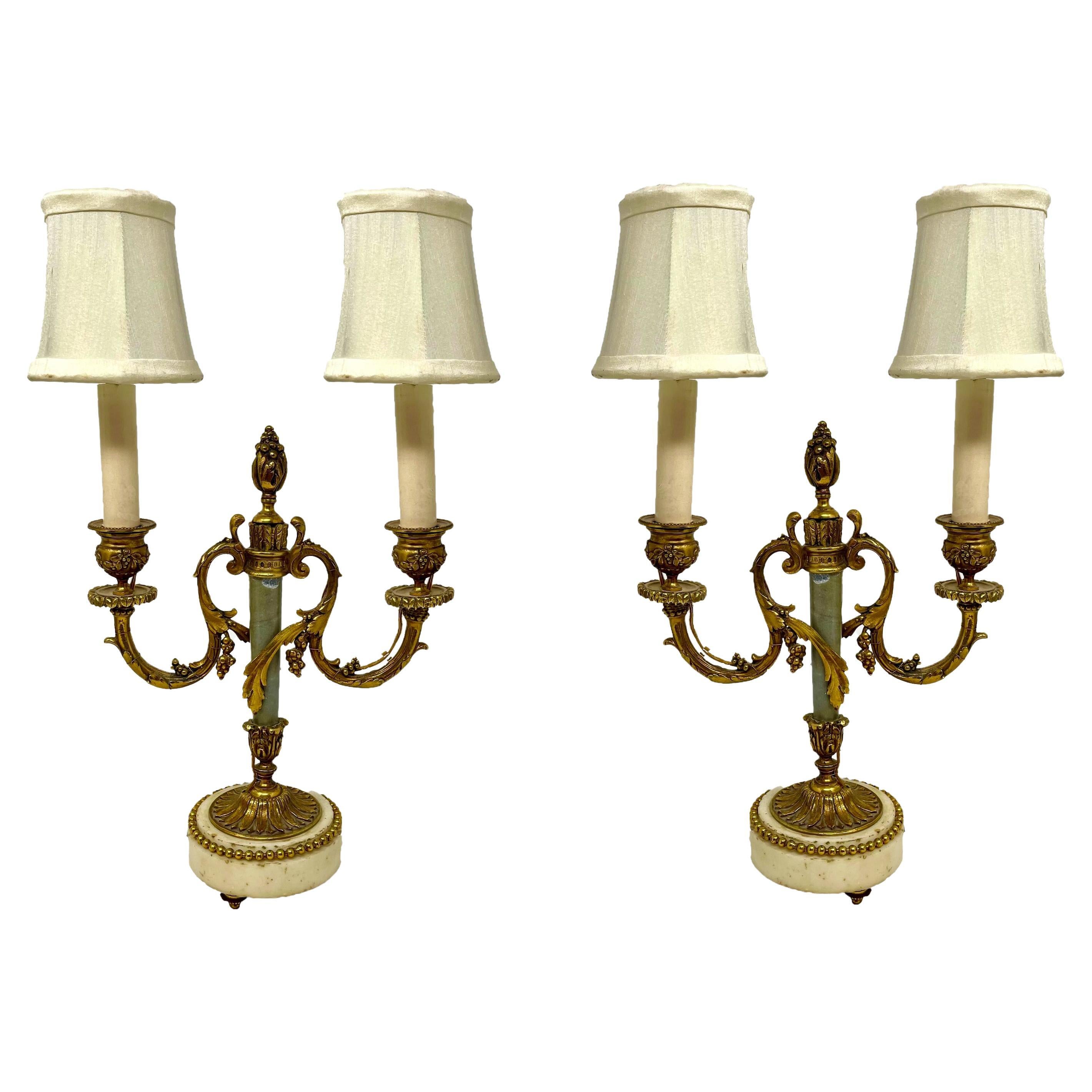 Pair Antique French Louis XVI Marble & Gold Bronze Candelabra Lamps, Circa 1880. For Sale