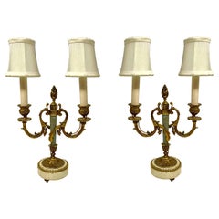 Pair Antique French Louis XVI Marble & Gold Bronze Candelabra Lamps, Circa 1880.
