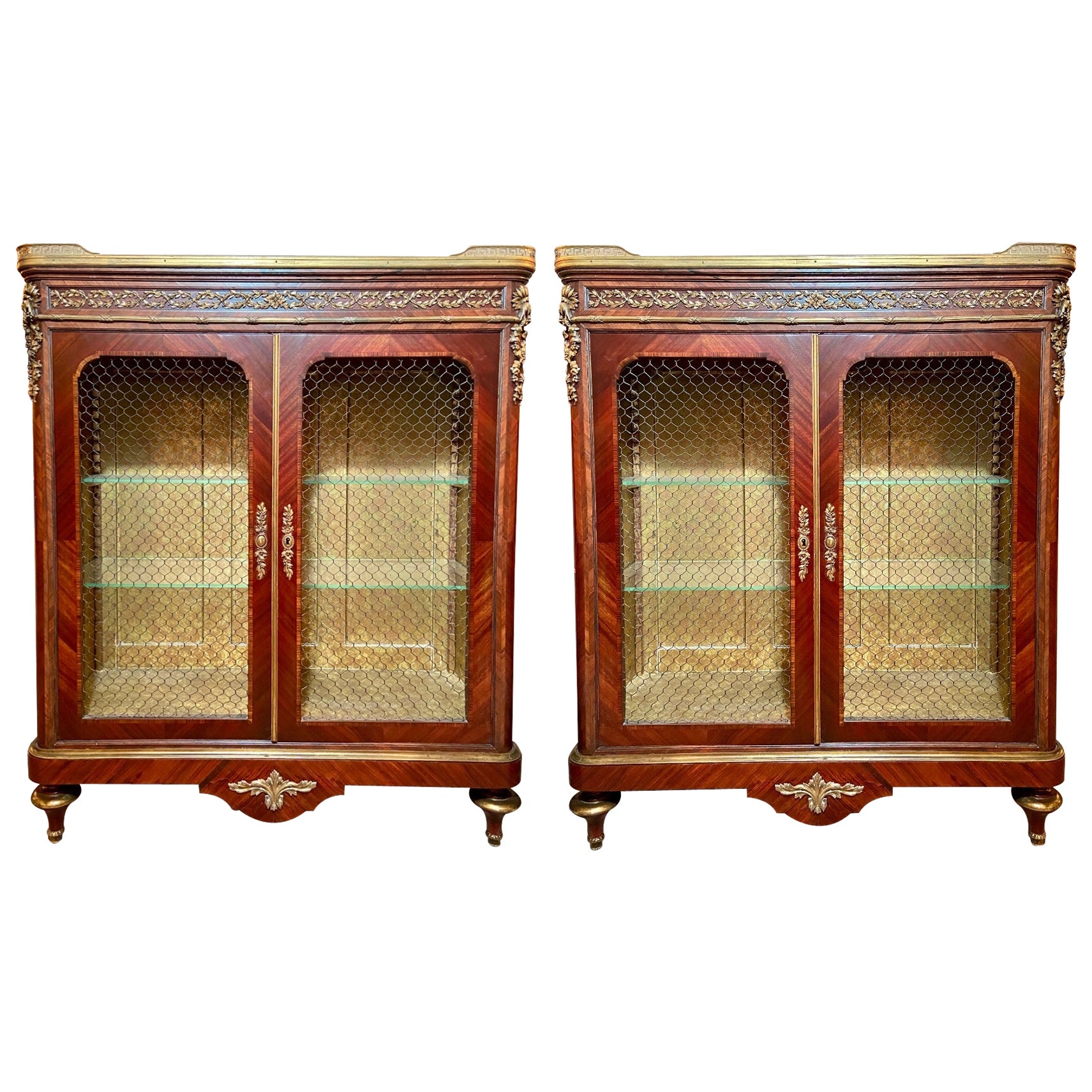 Pair Antique French Louis XVI Marble Top Cabinets, circa 1890