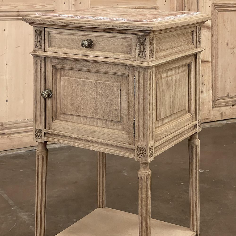 Pair Antique French Louis XVI Marble Top Nightstands in Stripped Oak 5