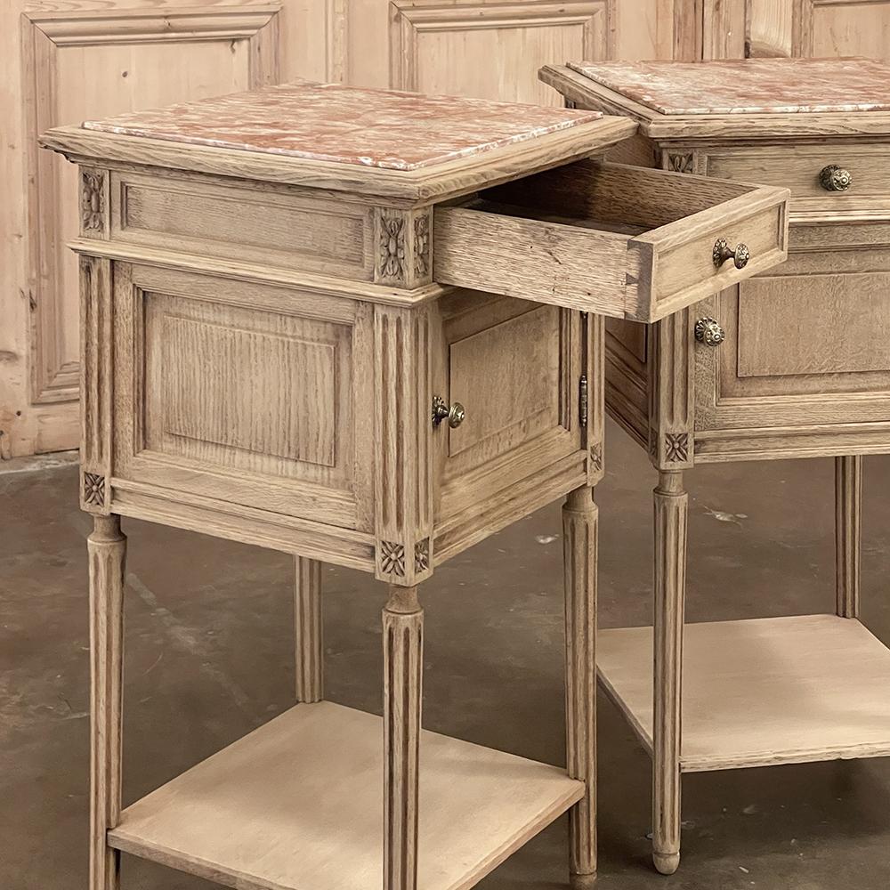 Pair Antique French Louis XVI Marble Top Nightstands in Stripped Oak 7