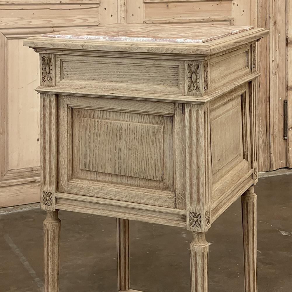 Pair Antique French Louis XVI Marble Top Nightstands in Stripped Oak 11