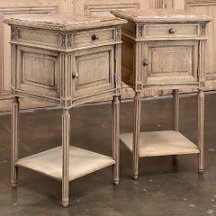 Pair Antique French Louis XVI Marble Top Nightstands in Stripped Oak