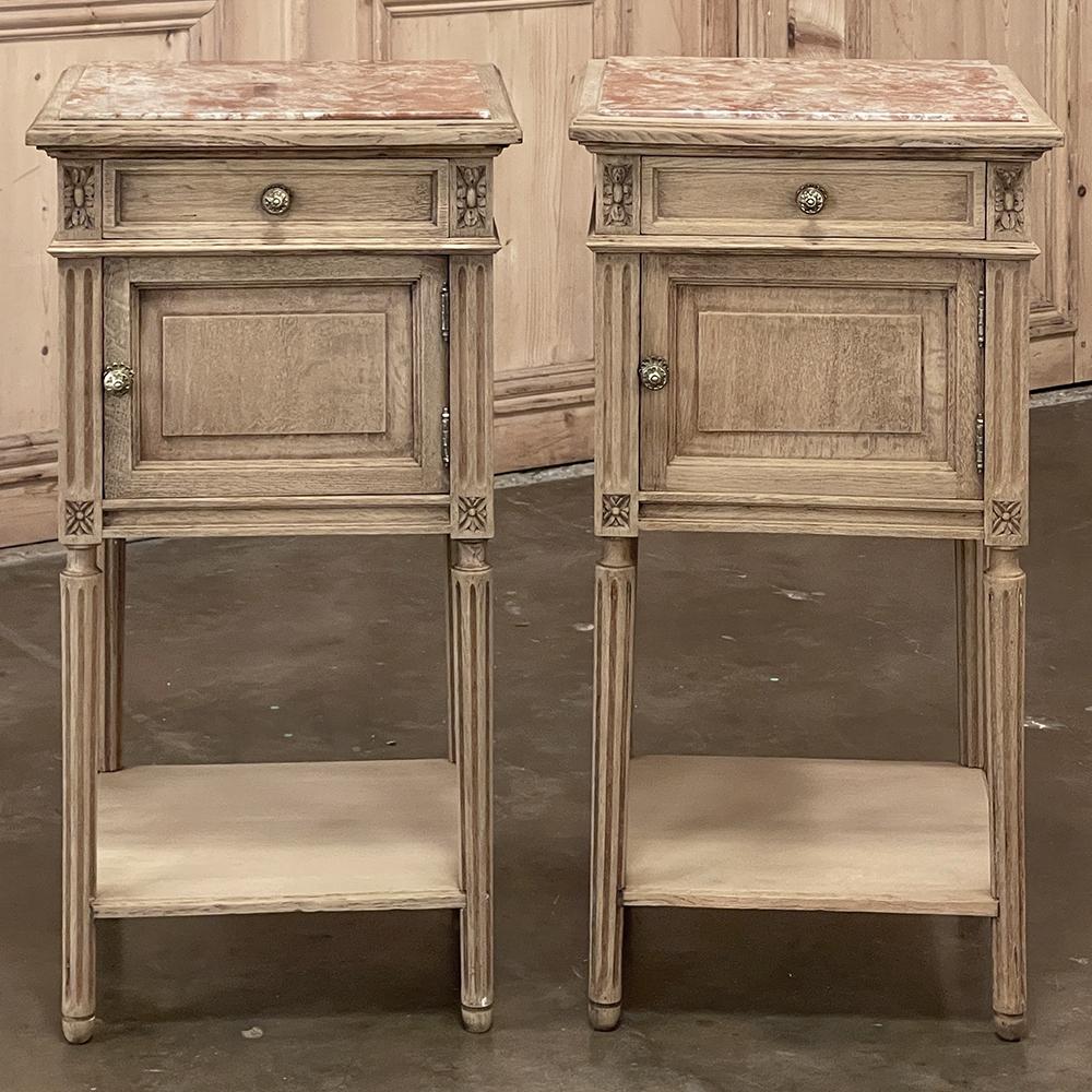 Hand-Crafted Pair Antique French Louis XVI Marble Top Nightstands in Stripped Oak