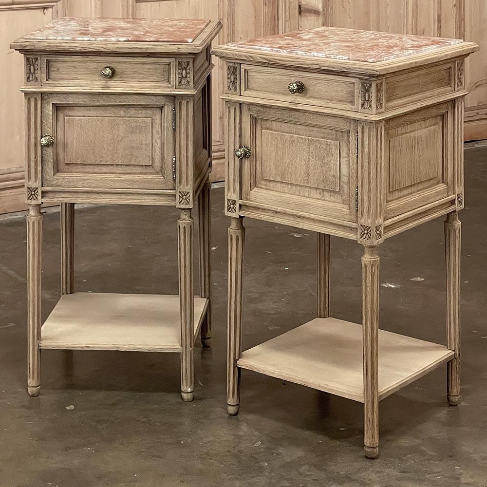 Pair Antique French Louis XVI Marble Top Nightstands in Stripped Oak In Good Condition In Dallas, TX