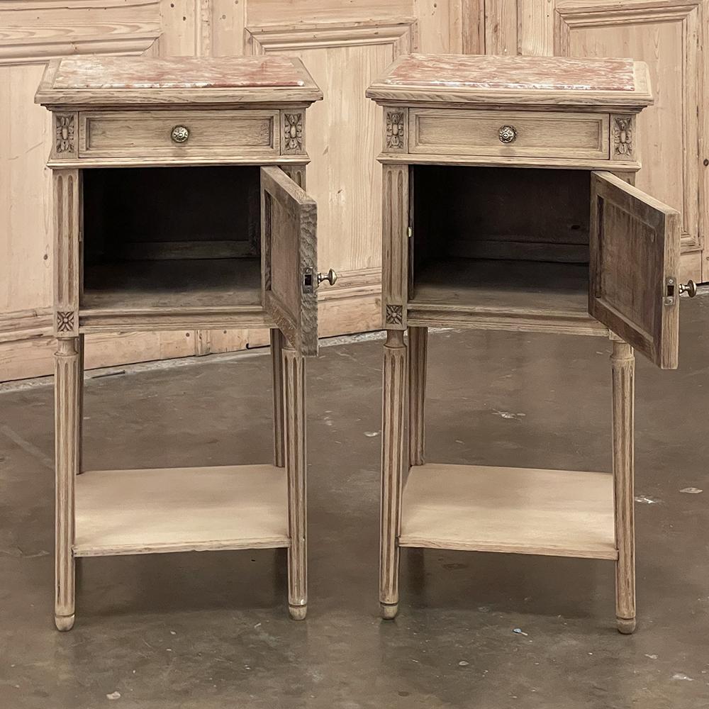 20th Century Pair Antique French Louis XVI Marble Top Nightstands in Stripped Oak
