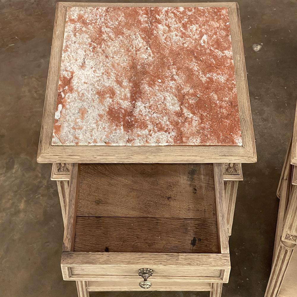 Pair Antique French Louis XVI Marble Top Nightstands in Stripped Oak 1