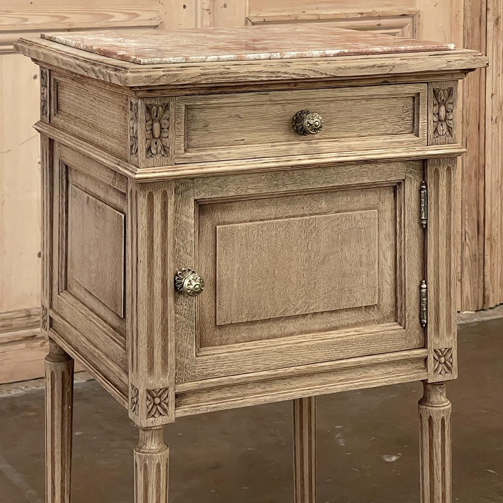 Pair Antique French Louis XVI Marble Top Nightstands in Stripped Oak 3