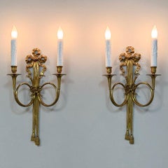 Pair Antique French Louis XVI Neoclassical Cast Brass Wall Sconces