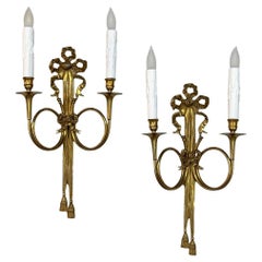 Pair Antique French Louis XVI Neoclassical Cast Brass Wall Sconces