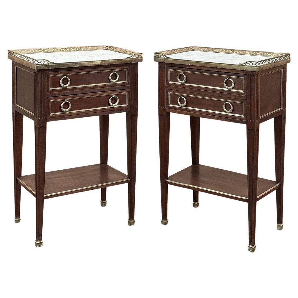 Pair Antique French Louis XVI Neoclassical End Tables with Carrara Marble