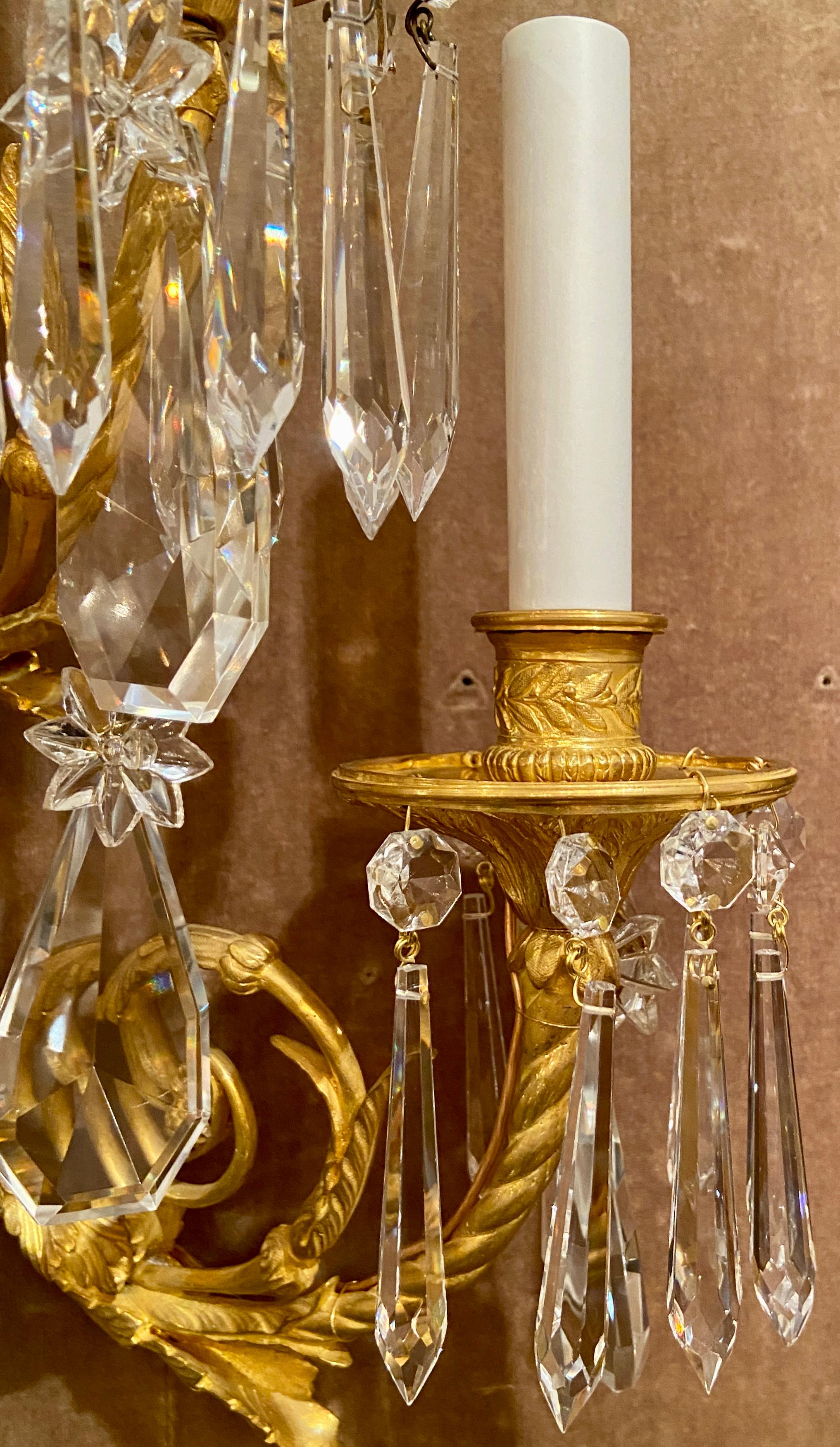 Pair Antique French Louis XVI Ormolu and Baccarat Crystal Sconces, circa 1880's In Good Condition For Sale In New Orleans, LA