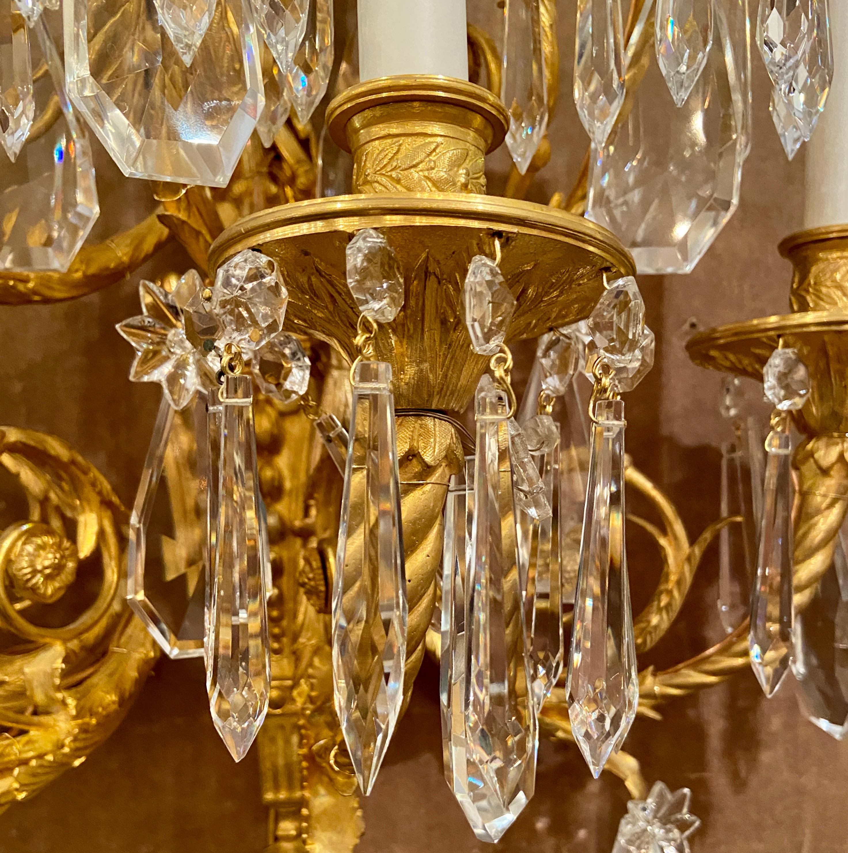 19th Century Pair Antique French Louis XVI Ormolu and Baccarat Crystal Sconces, circa 1880's For Sale