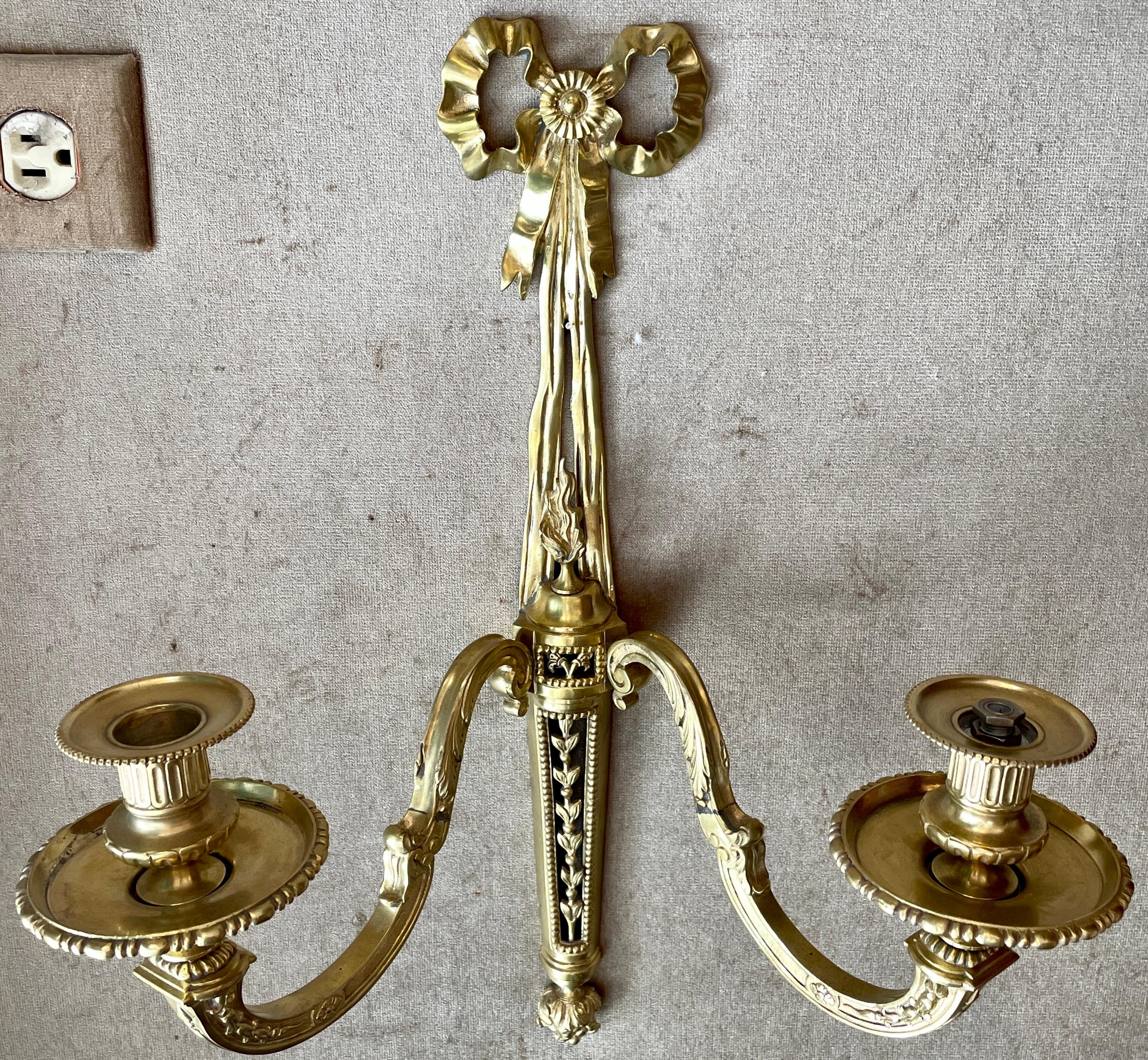 Pair Antique French Louis XVI Ormolu Sconces, Circa 1890 In Good Condition For Sale In New Orleans, LA