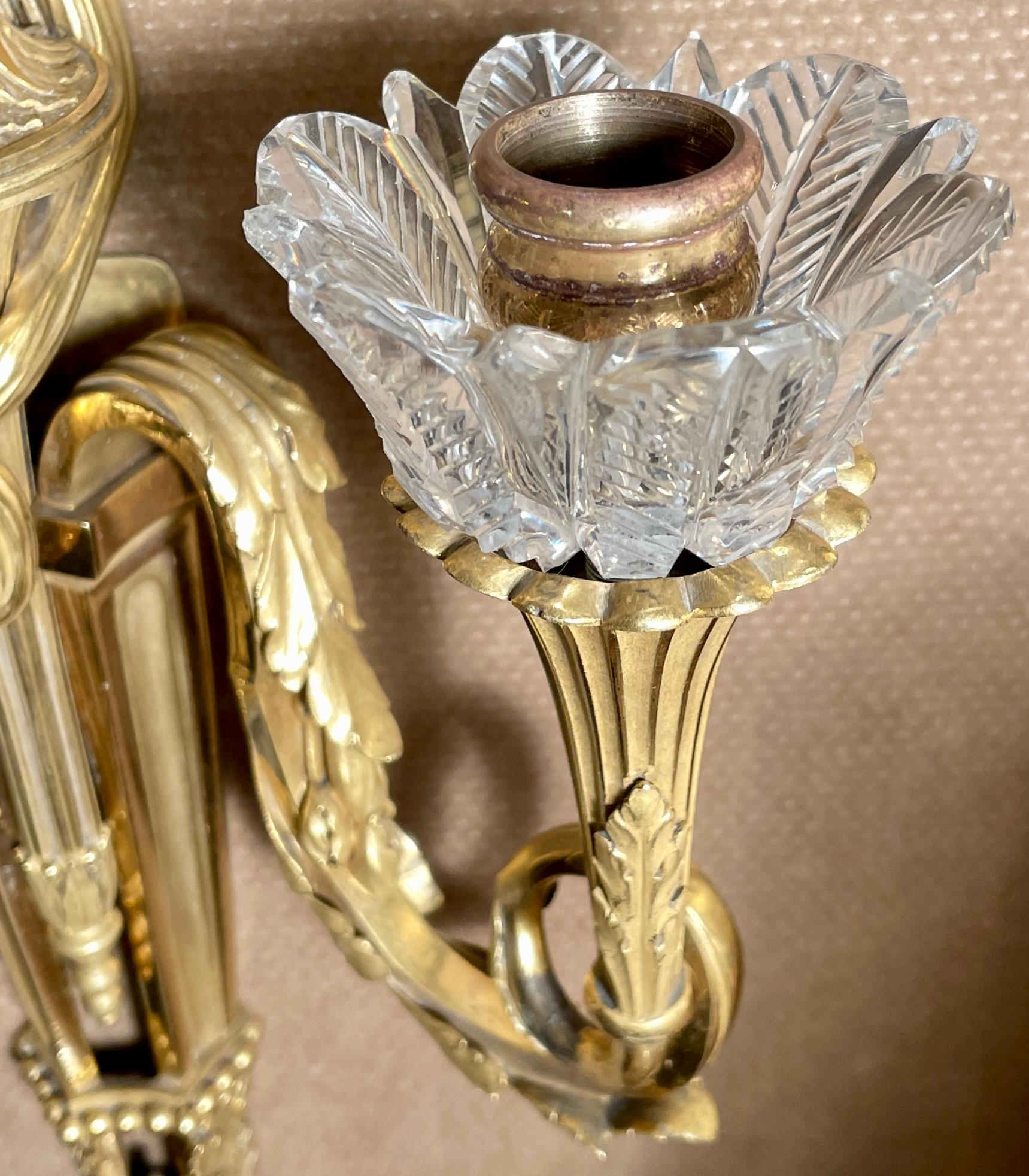 Pair Antique French Louis XVI Ormolu Sconces with Baccarat Crystal Bobeches For Sale 1