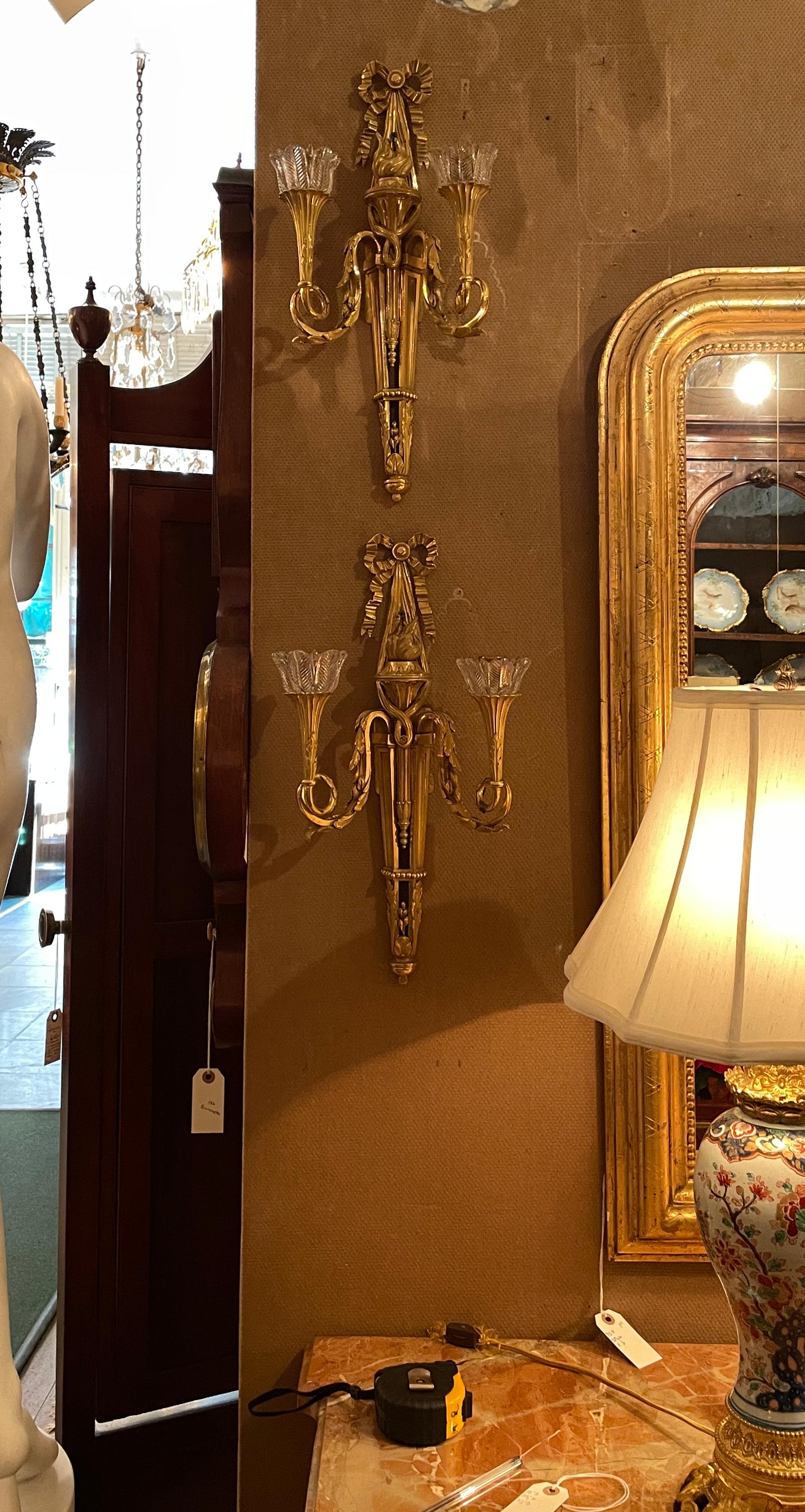Pair Antique French Louis XVI Ormolu Sconces with Baccarat Crystal Bobeches For Sale 3