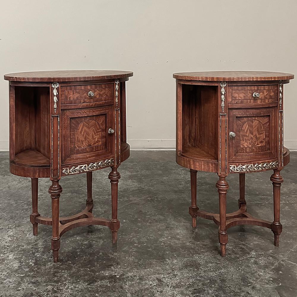 Hand-Crafted Pair Antique French Louis XVI Oval Marquetry Nightstands ~ End Tables For Sale