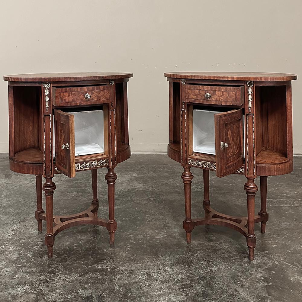 20th Century Pair Antique French Louis XVI Oval Marquetry Nightstands ~ End Tables For Sale