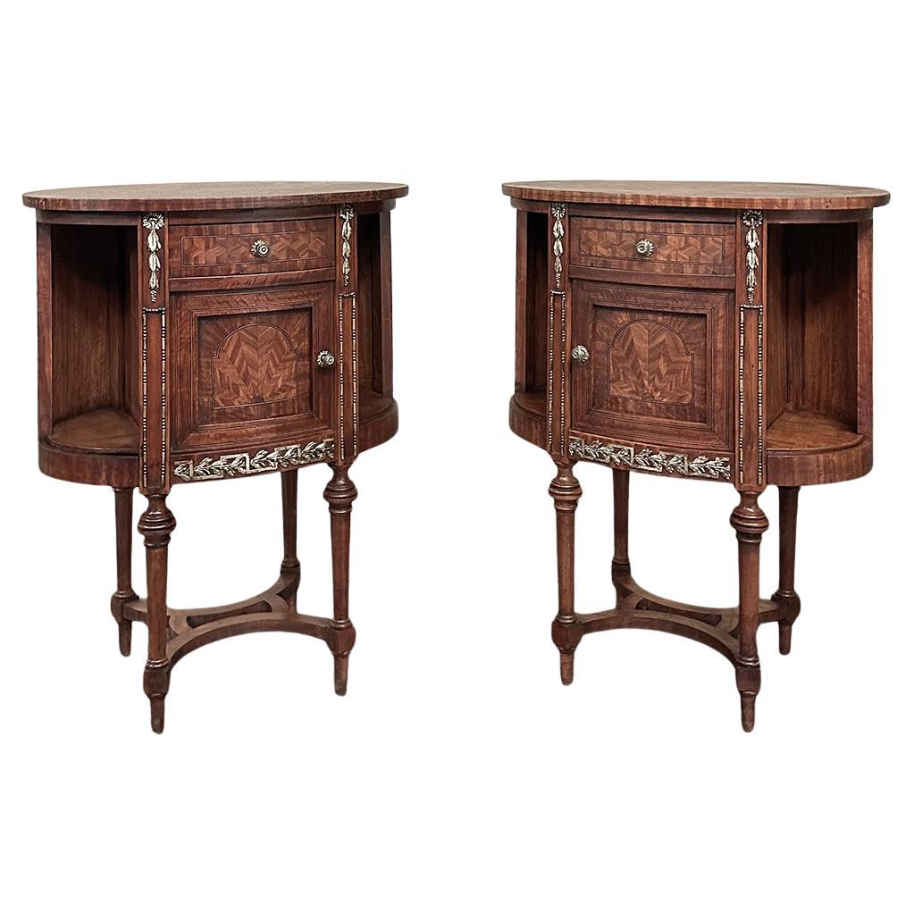 Pair Antique French Louis XVI Oval Marquetry Nightstands ~ End Tables For Sale