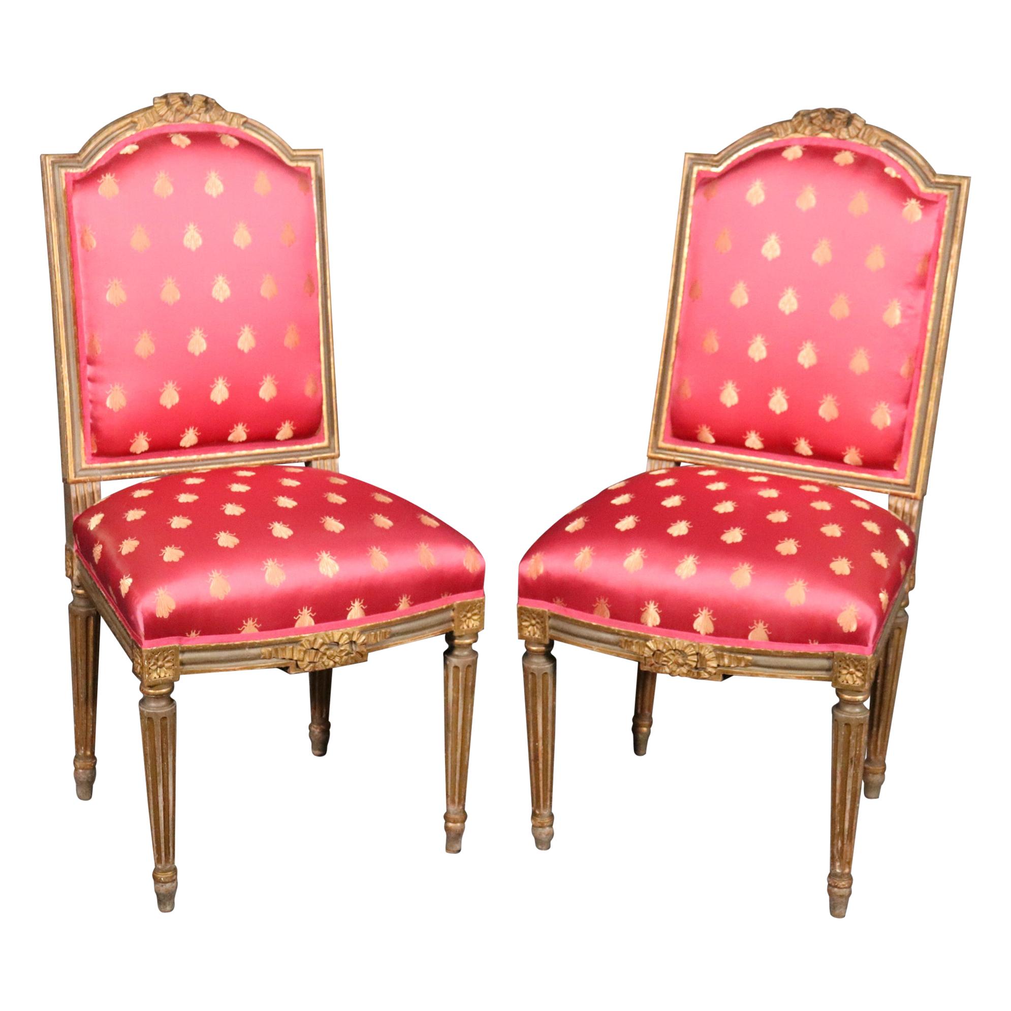 Pair Antique French Louis XVI Painted and Gilded Side Chairs, Circa 1900 For Sale