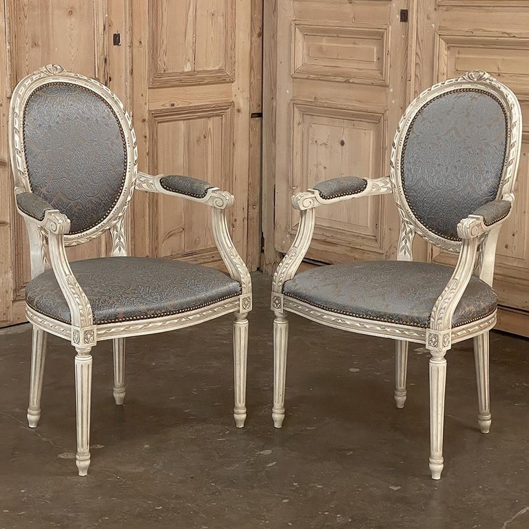 Pair Antique French Louis XVI Painted Armchairs, Fauteuils For Sale at ...
