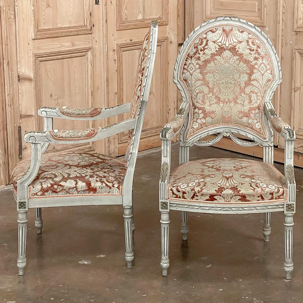 Pair Antique French Louis XVI Painted Armchairs, Fauteuils For Sale 11