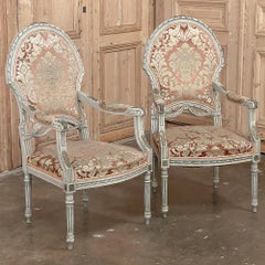 Pair Antique French Louis XVI Painted Armchairs, Fauteuils