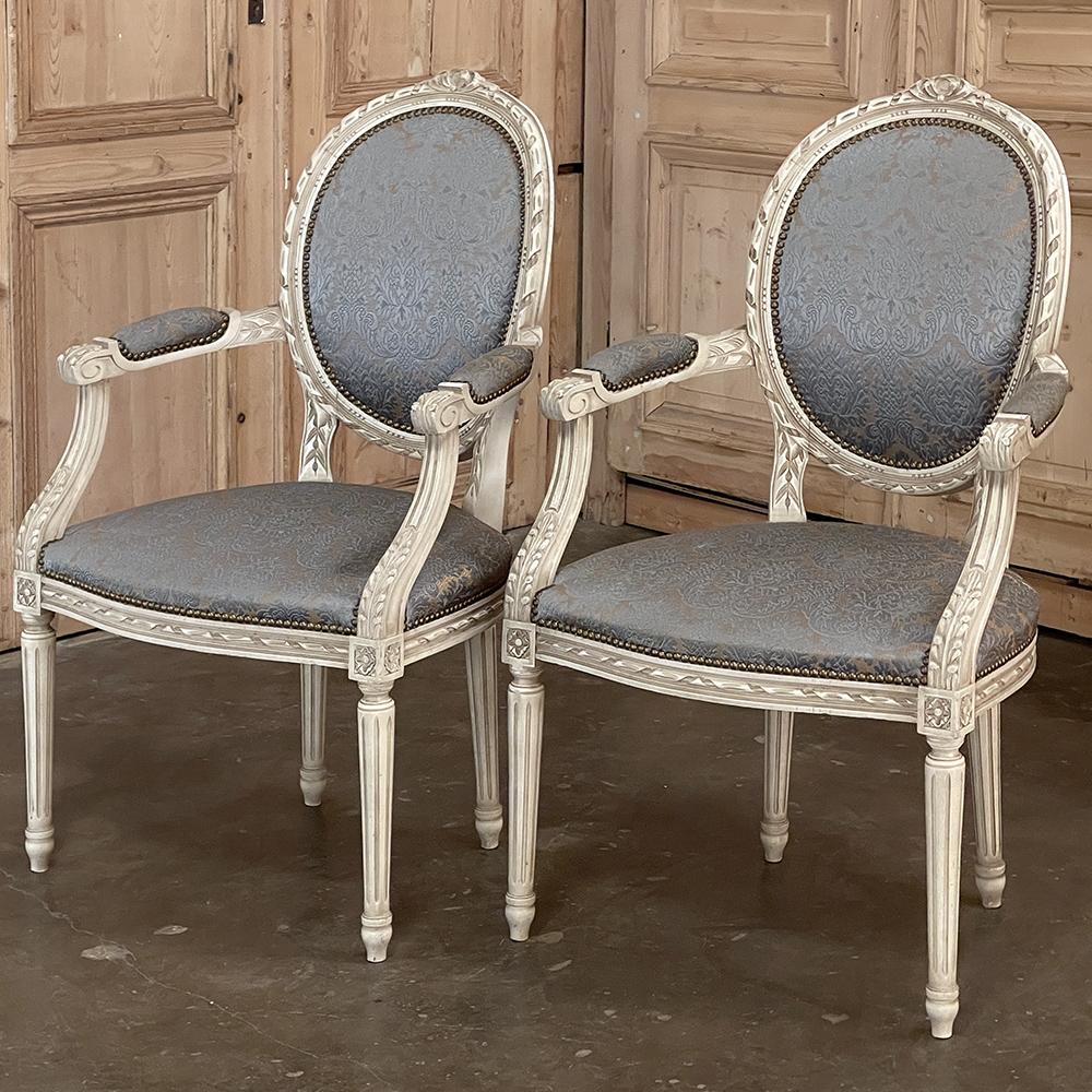 Hand-Carved Pair Antique French Louis XVI Painted Armchairs, Fauteuils For Sale