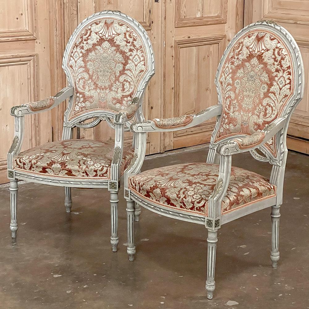 20th Century Pair Antique French Louis XVI Painted Armchairs, Fauteuils For Sale