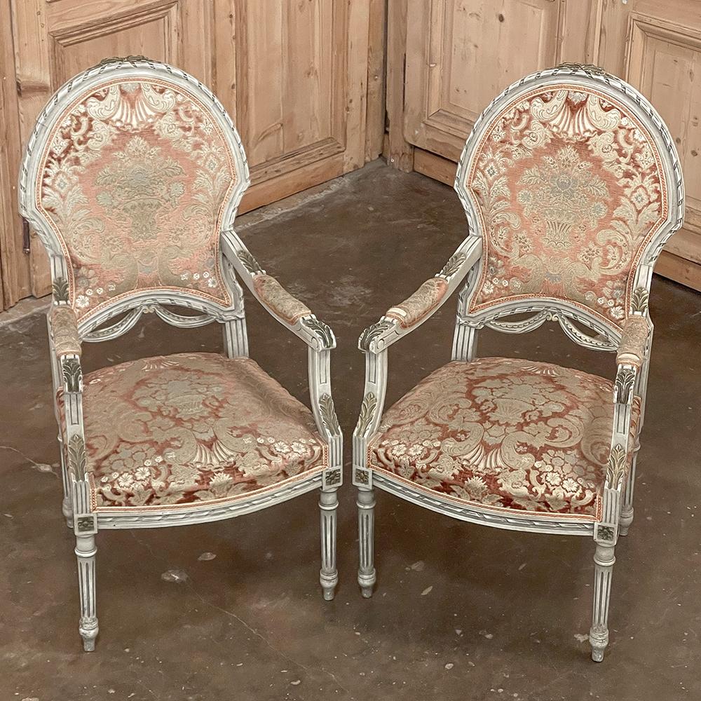 Fabric Pair Antique French Louis XVI Painted Armchairs, Fauteuils For Sale